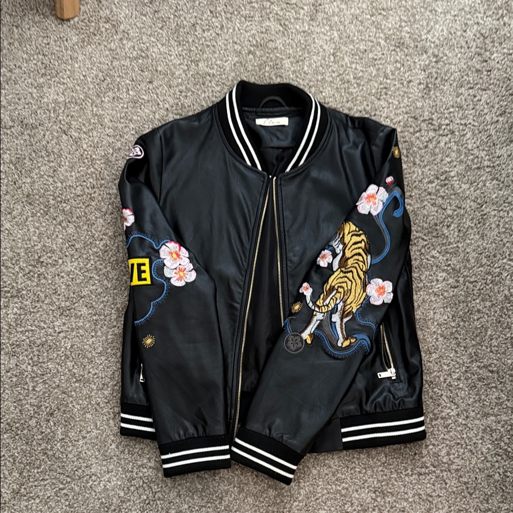 Elan Embroidered Bomber Pleather Jacket with Tiger and Love Design